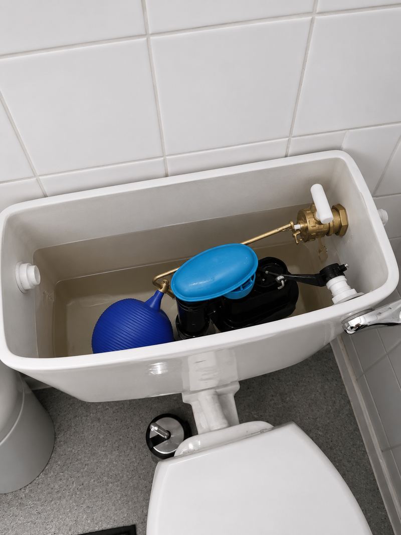 Inside an open toilet cistern, showing the brass float valve, blue plastic float and black flush valve above the water line